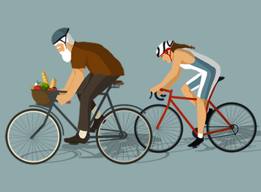 Illustration of two bicyclists, a young person in a lycra suit on a fancy bike, being passed by a man with white hair with groceries in the bike basket. 